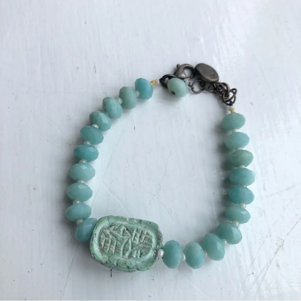 Sterling Silver Faceted cut Turquoise Beaded Carved Turquoise Stone Bracelet